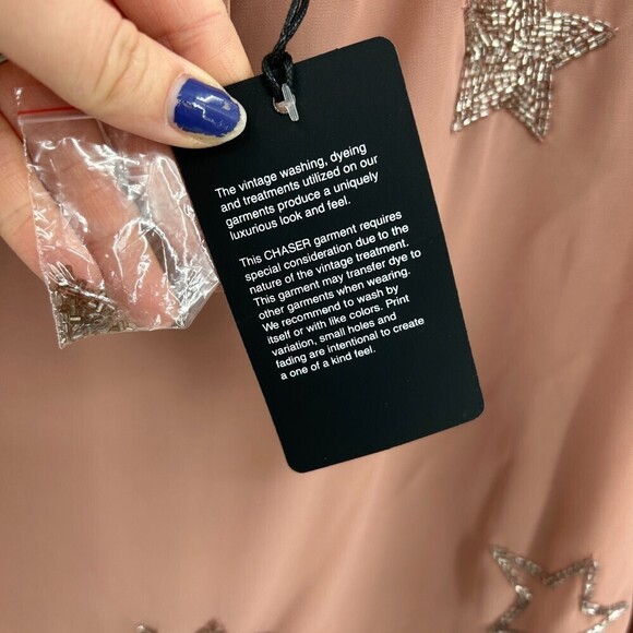 NWT CHASER Blush Pink Beaded Star Peplum Sleeve Open Back Mini Dress Size Medium - Picture 8 of 9
